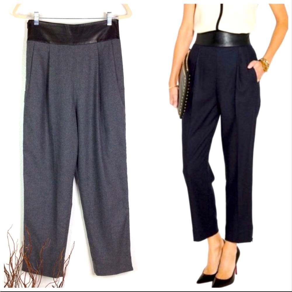 NWT DVF Wool 14” Rise Blend Leather High Waisted Pleated Trouser Grey Pants 4 27